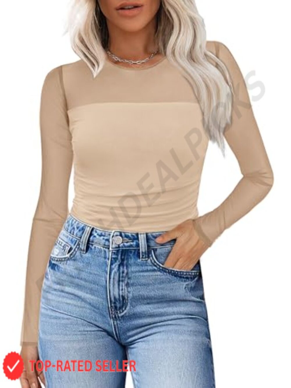 Sheer Mesh Long Sleeve Crew Neck Ruched Blouse Date Night Top